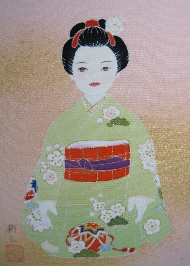 きものを着た女の子手描きの京友禅染 絵のみの画像1枚目