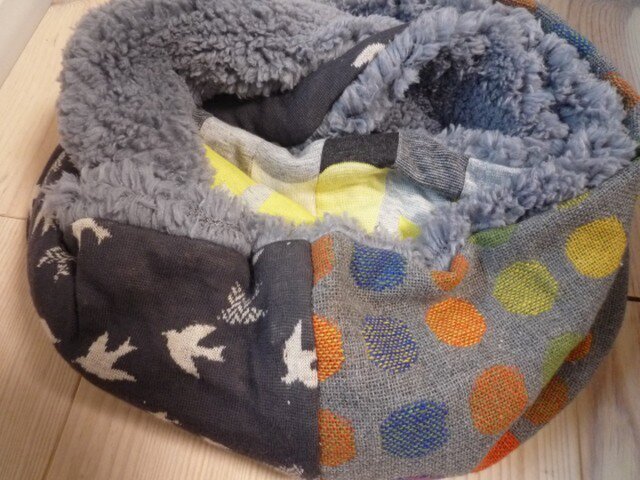 ハンドメイド◆スヌード鳥ドットフロッキーチェックニットファーの画像1枚目