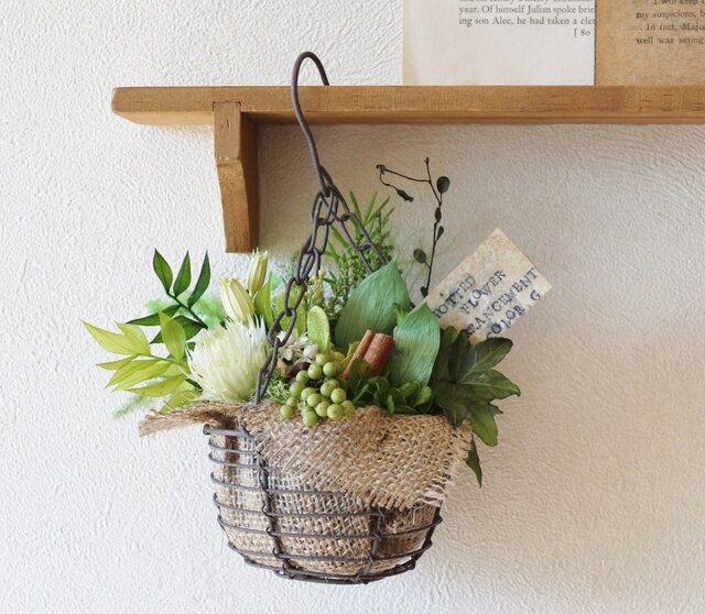 寄せ植えプリザーブドグリーンのハンギング グリーン Iichi ハンドメイド クラフト作品 手仕事品の通販