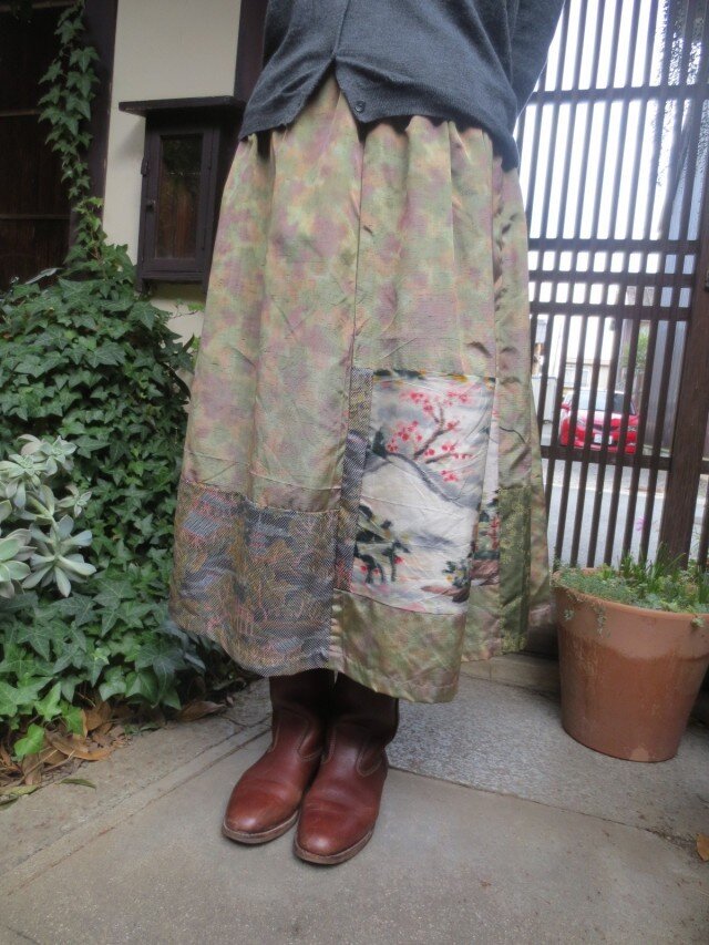 着物リメイク☆春霞紬に梅の銘仙パッチ☆お正月にかが？78㎝丈