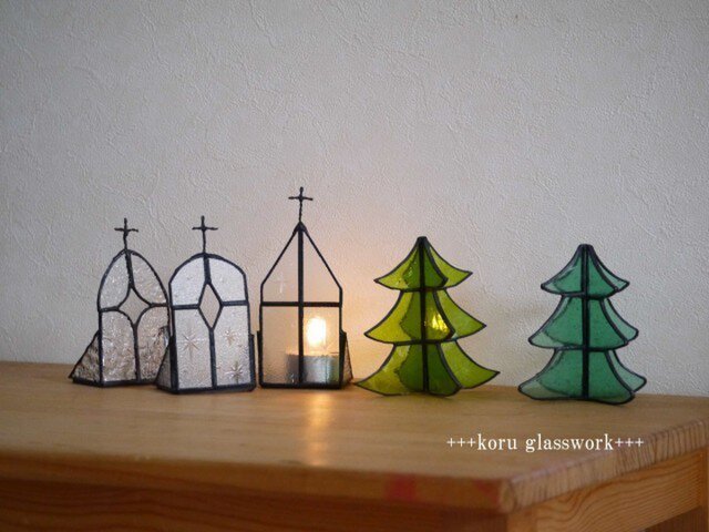 国産ガラス　ステンドグラス／クリスマスツリー　キャンドルホルダー