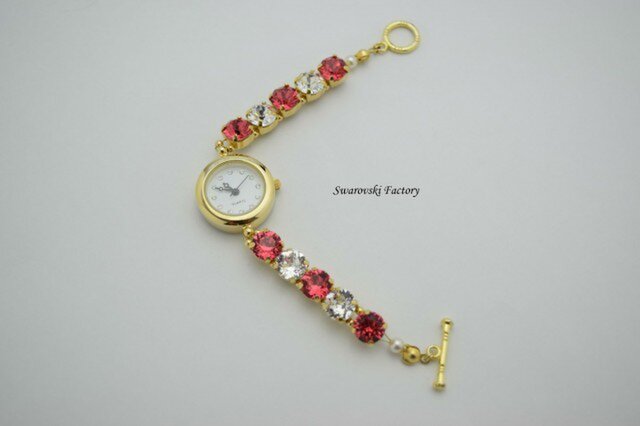 スワロフスキーブレスレットウォッチ ピンク 2 Iichi ハンドメイド クラフト作品 手仕事品の通販