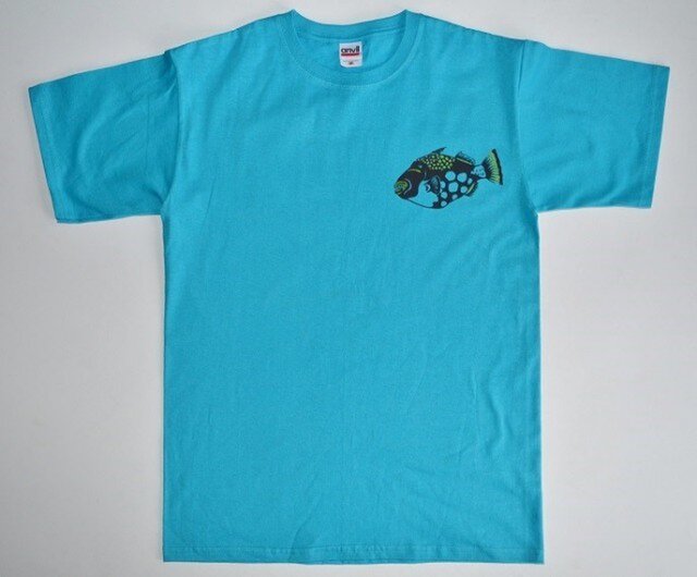 カワハギTシャツ、青、魚Tシャツ, サカナ、半袖シャツの画像1枚目