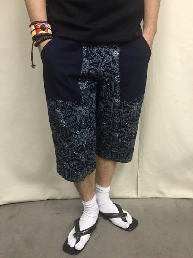 吉兆藍木綿ショートパンツ（幾何学模様）