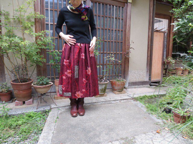 着物リメイク☆赤花柄銘仙と大島紬でバルーンリバーシブル
