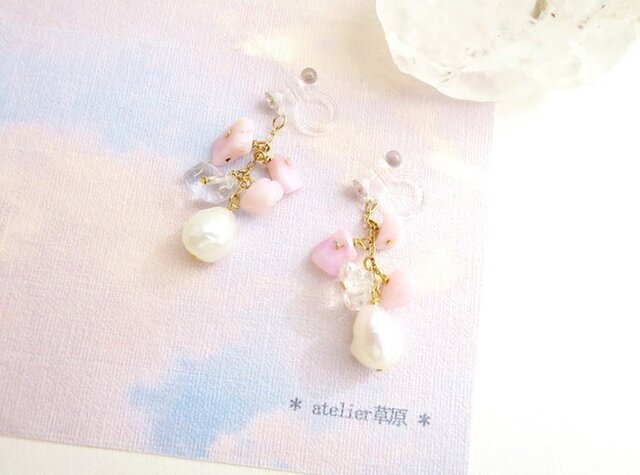 *SAKURA*ノンホールピアス *ピンクオパール×淡水パール*の画像1枚目