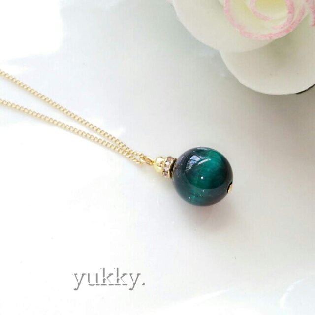ブルーグリーンタイガーアイ☆一粒ネックレス(G)