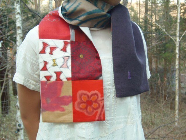 春風スカーフ<ピン付>HS003 銘仙パッチワーク×綿麻の画像1枚目