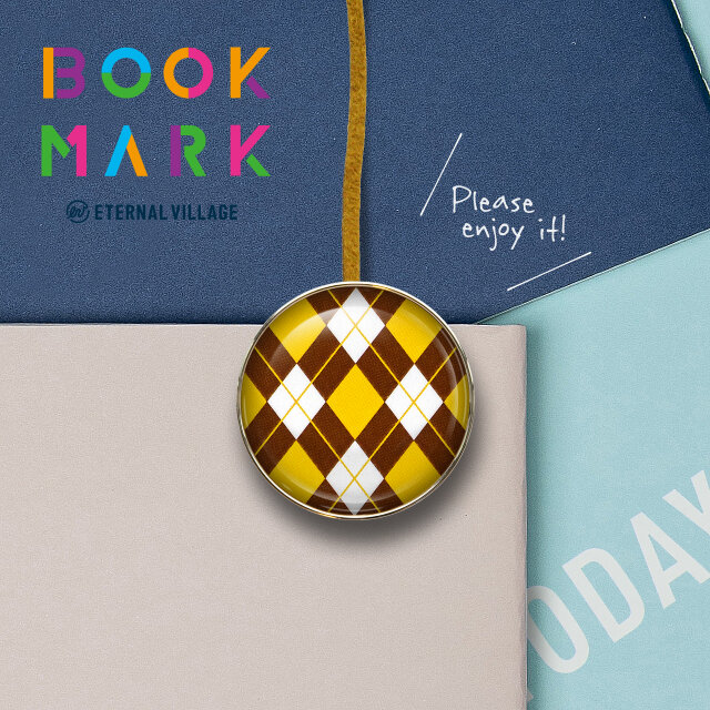 アーガイルチェック柄クリップ型しおり　栞　ブックマーカー　ブックマーク　黄　no.34