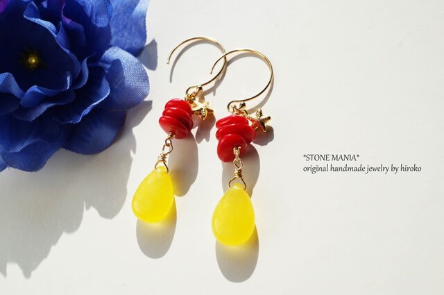 ♡14kgf♡はちみつと珊瑚と星♡pierce♡の画像1枚目