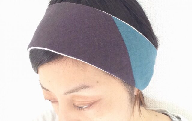 リネン ヘアバンド(ネイビー×ブルーグリーン)の画像1枚目