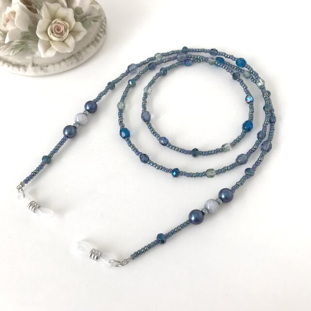 チェコガラス ビーズ メガネチェーン グラスコード メガネストラップ 青 ブルー