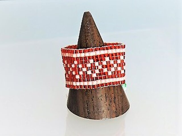 ★ビーズ織り★リング 赤×桜ピンクL・19♪の画像1枚目