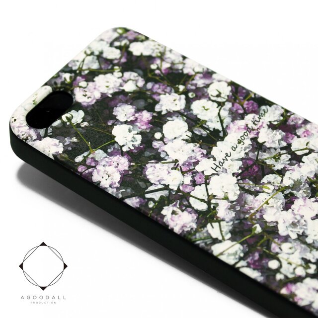 iphone5/iphone5s/iphoneSEケース軽量レザーケースかすみ草×ブラック)babys breath 水彩画の画像1枚目