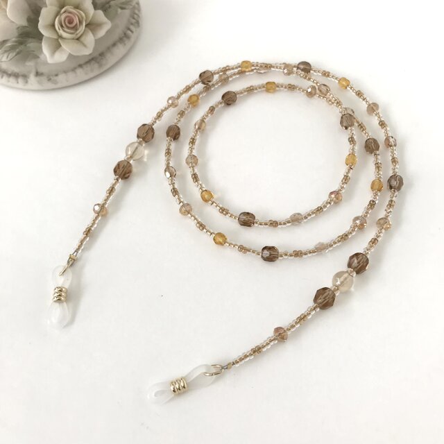 チェコガラス ビーズ メガネチェーン グラスコード メガネストラップ　シャンパンゴールド ライトゴールド 黄色