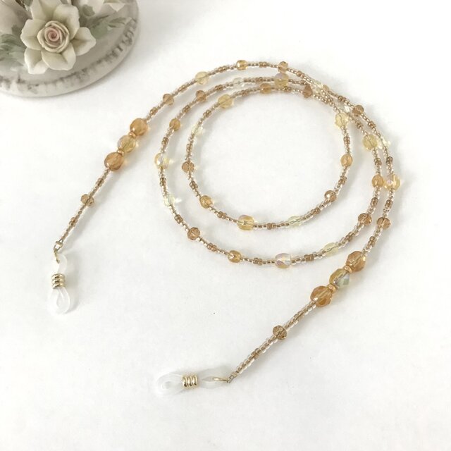 チェコガラス ビーズ メガネチェーン グラスコード メガネストラップ　シャンパンゴールド ライトゴールド 黄色