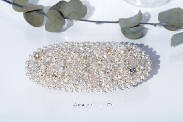 *天然石オーバルビーズバレッタ *(large-pearl)の画像1枚目