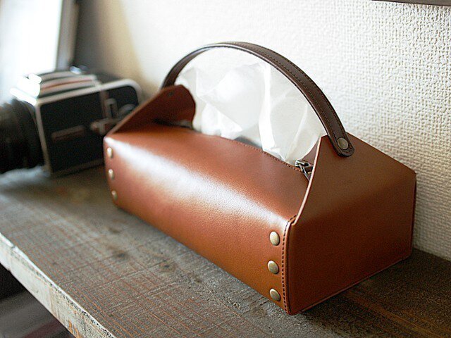 持ち手つきティッシュBOXケース <ブラウン>【受注製作】の画像1枚目