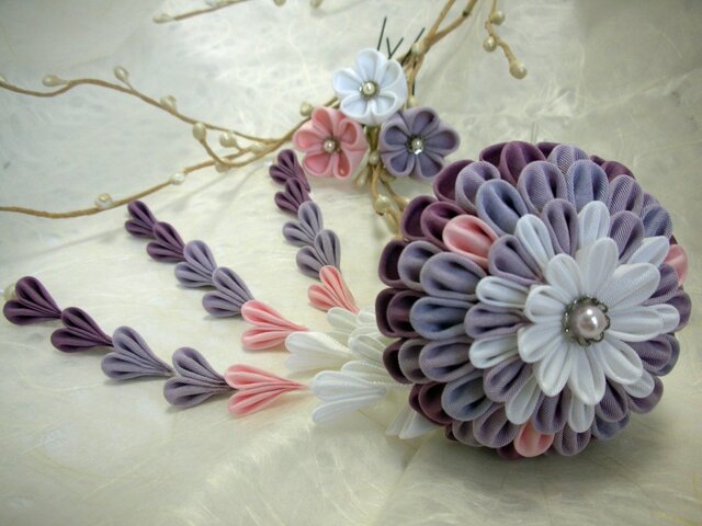 さがり付きかんざし大 purple 【つまみ細工】の画像1枚目