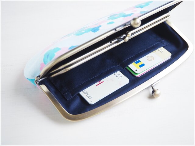 ハンドメイド 親子がま口お財布 くすみ水色 □ヴィンテージファブリックの親子がま口財布【ミニマムサイズ