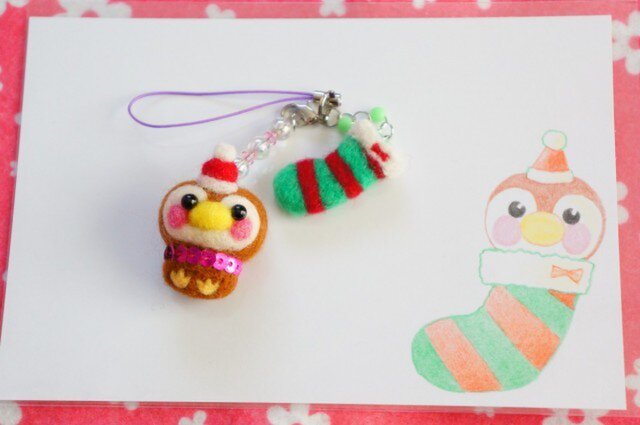羊毛フェルト クリスマスサンタすずめちゃん靴下2連ストラップ