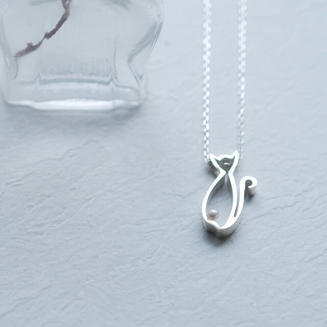 パール 猫 ロング ネックレス シルバー925