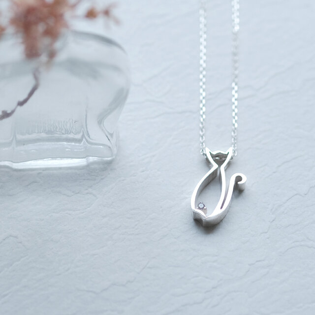 ジルコニア 猫 ロング ネックレス シルバー925