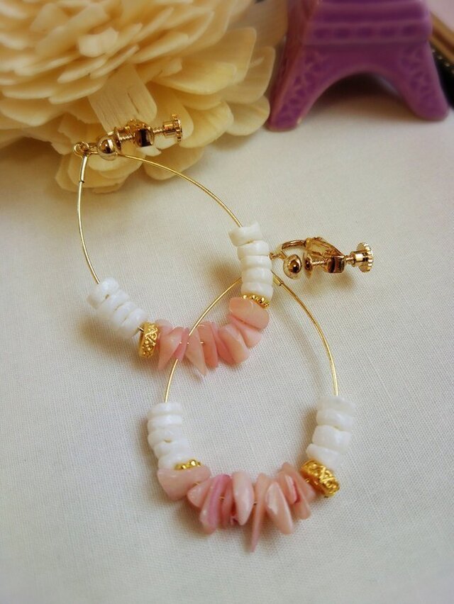 天然石とシェルのミルキーイヤリング