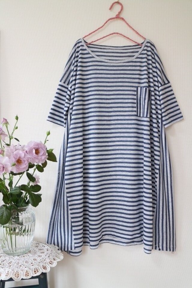 春夏★リネン100%ニット 半袖ボーダーワンピース★