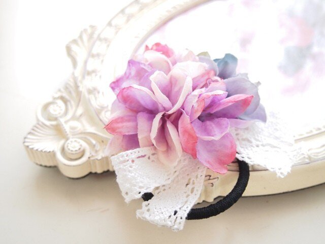 紫陽花のヘアゴム 可愛いピンクパープル Iichi ハンドメイド クラフト作品 手仕事品の通販