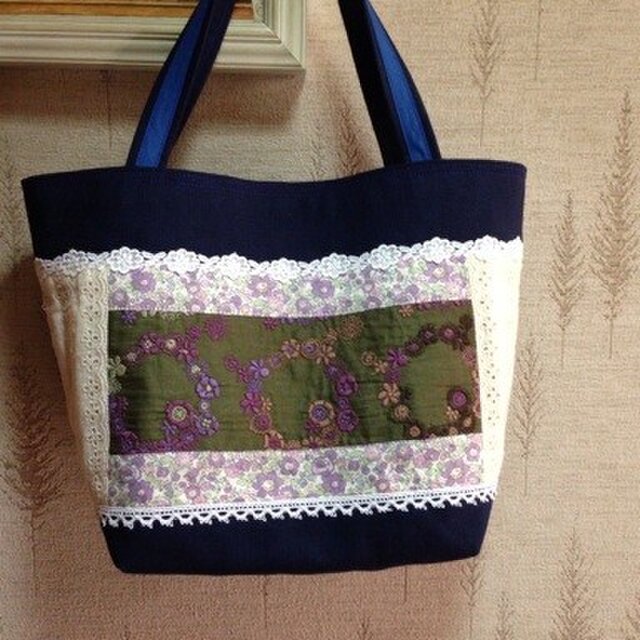 PJC花冠刺繍 パッチワーク帆布トートバッグの画像1枚目