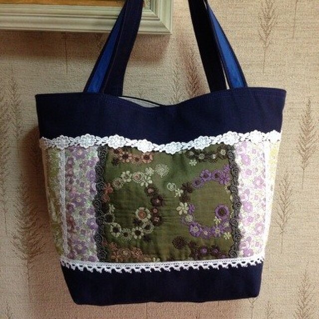PJC花冠刺繍 パッチワーク帆布トートバッグの画像1枚目