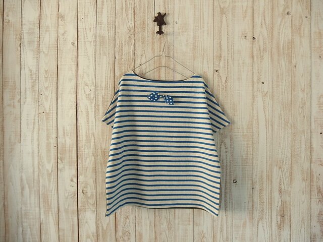 どっちもTシャツ(リボン)青生成ボーダー×チャコールグレの画像1枚目