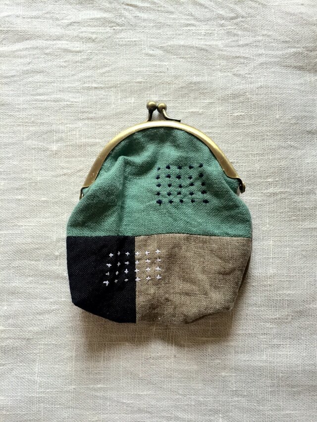 がま口ポーチ　navy&emerald green