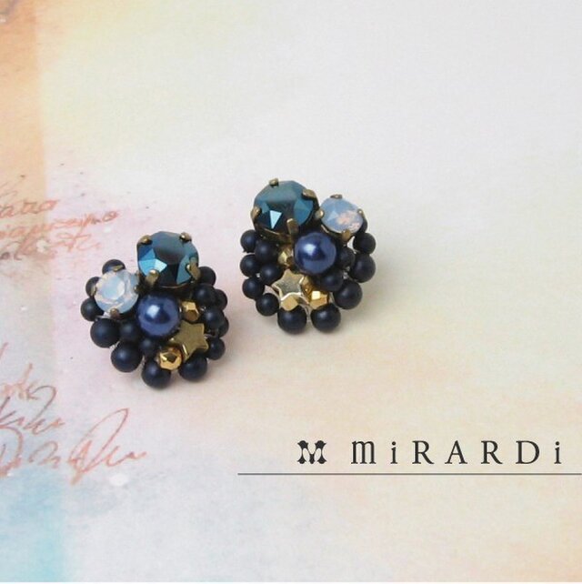 パール&スターのメタリックボタンピアス/イヤリング<ブルー>の画像1枚目