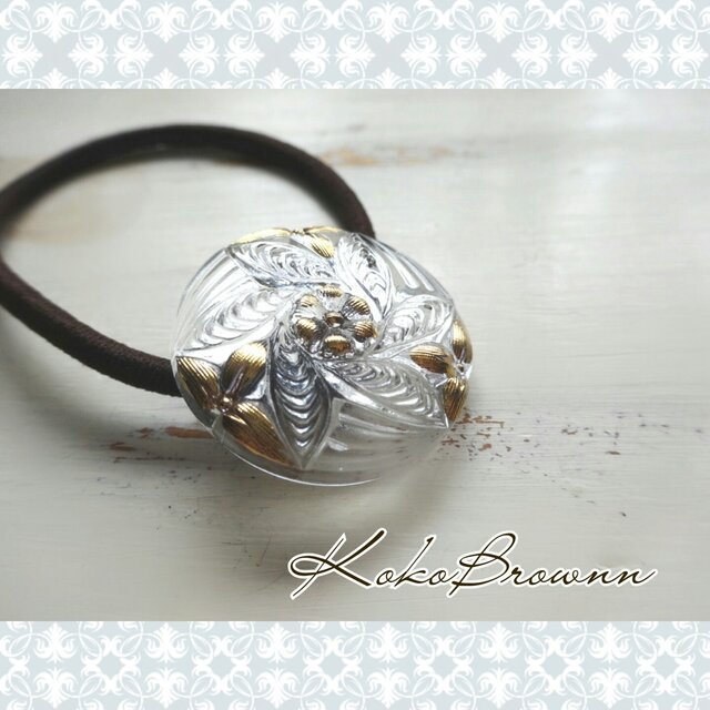 チェコガラスのヘアゴム*Leaf clear×gold*の画像1枚目