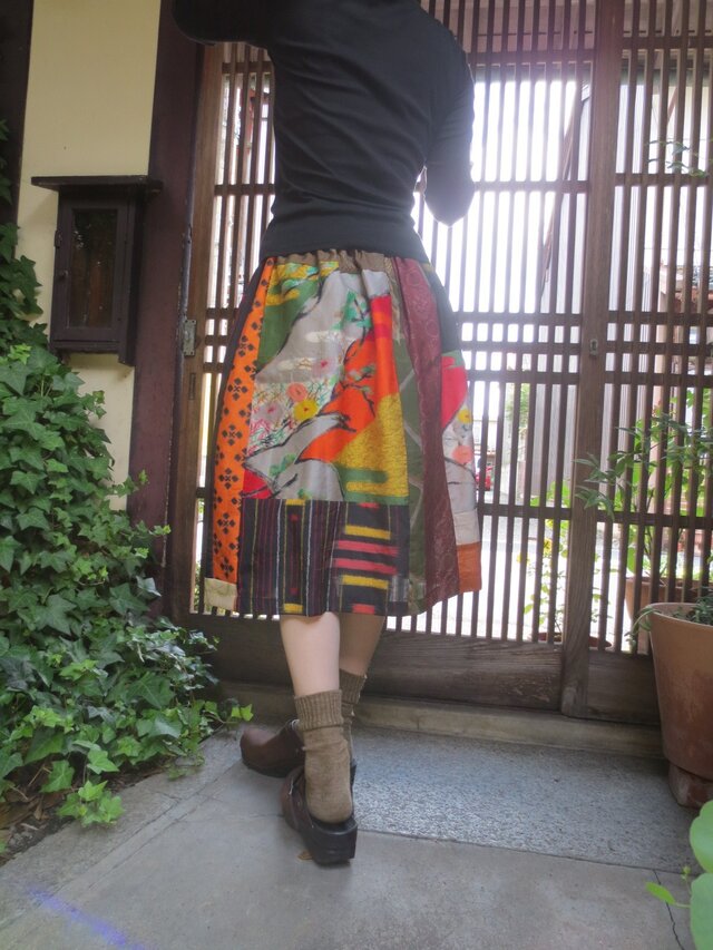 着物リメイク☆銘仙と紬でカラフルポップな楽しいパッチスカート