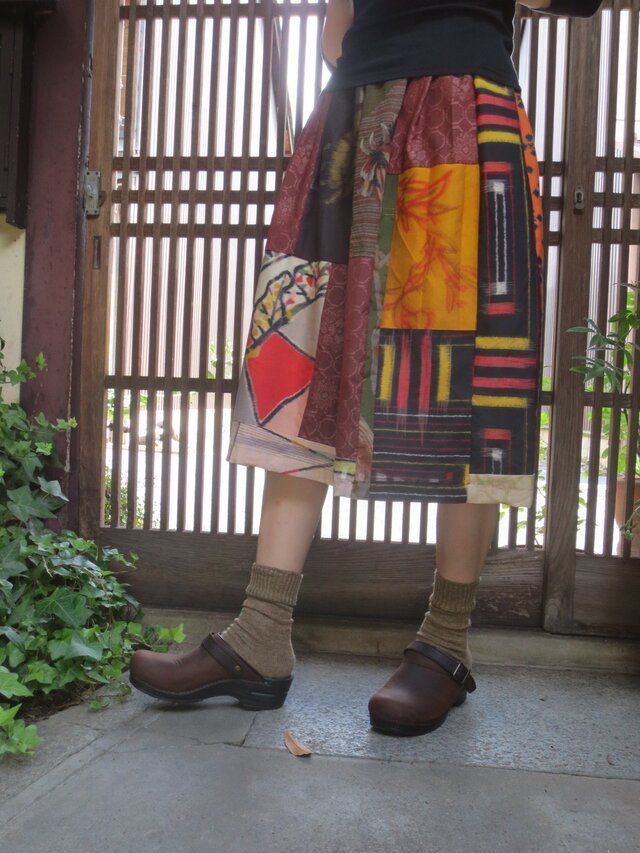 着物リメイク☆銘仙と紬でカラフルポップな楽しいパッチスカート