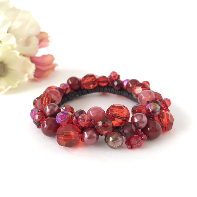 クロッシェシュシュ レッド 赤 パール かぎ針編み ビジュー ビーズ