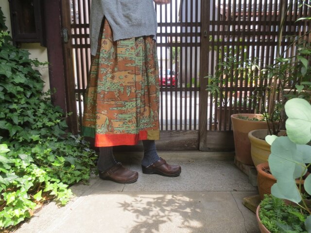 着物リメイク☆シックな景色染に裾キュートなロングスカート78㎝丈