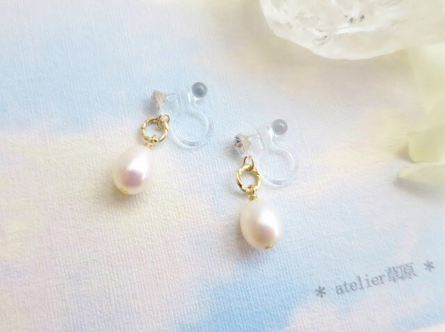 *ノンホールピアス*淡水パール一粒*イヤリング*の画像1枚目