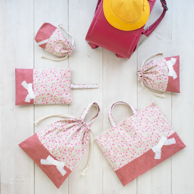 花柄＆リボンのレッスンバッグ：ピンク ｜サイズ変更対応 | iichi 日々