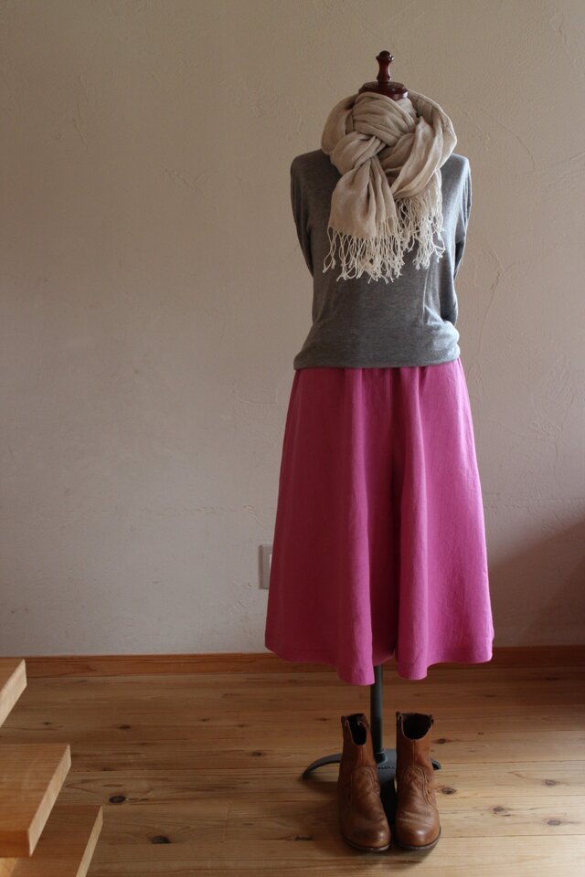 リネンガウチョパンツ「ワッシャー　ホットピンク」　ミモレ丈