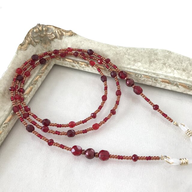 チェコガラス メガネチェーン グラスコード メガネストラップ 赤