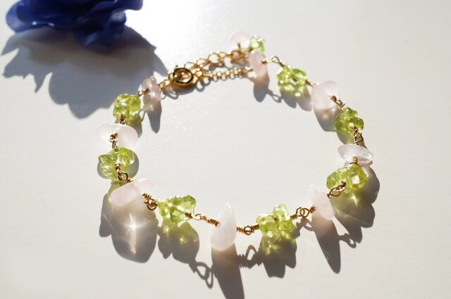 ローズクォーツ&ペリドット ブレスレット peridot&rose quartz bracelet B0025の画像1枚目