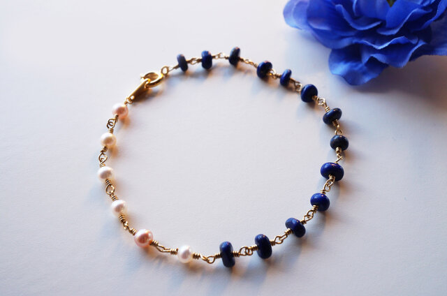 ラピス&淡水パールブレス Le ciel de la nuit Lapis&Pearl bracelet B0024の画像1枚目