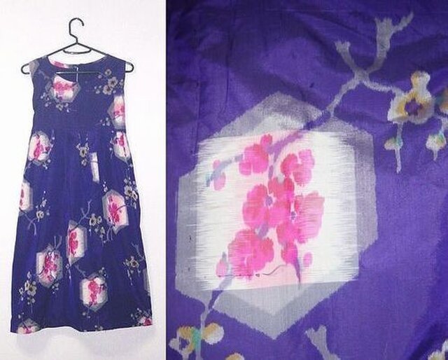 Sold out銘仙リメイク♪青紫&ピンク梅銘仙チュニックワンピースの画像1枚目