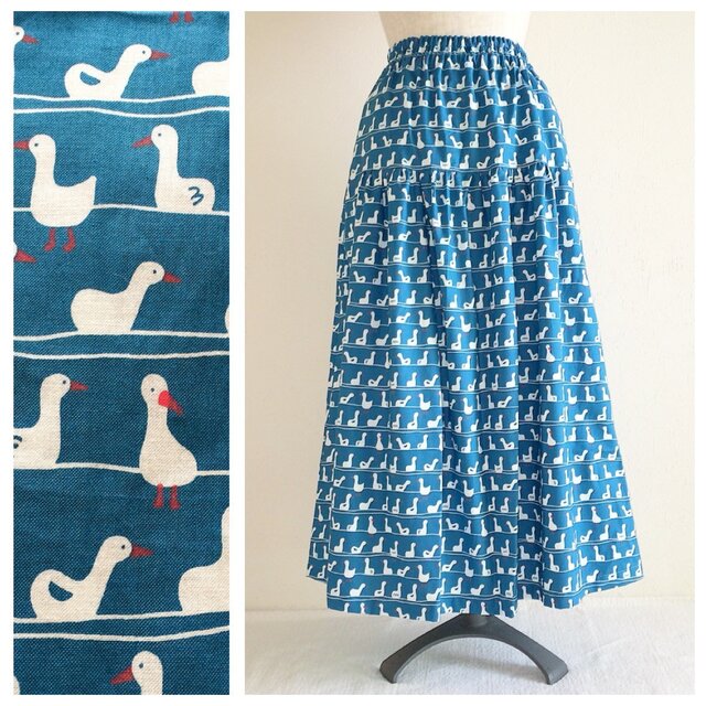 【ほっそり見せ！】アヒルいっぱいのティアードスカート（ブルー）