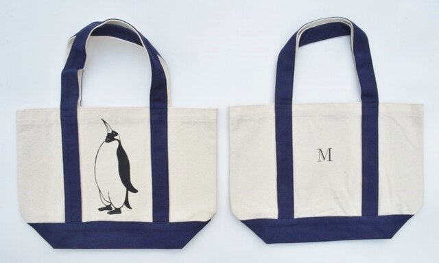 イニシャル入り、ペンギントートバッグ、キャンバストートバッグ、ネイビーの画像1枚目
