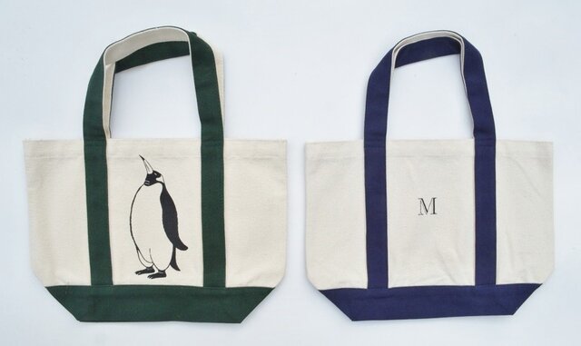 イニシャル入り、ペンギントートバッグ、キャンバストートバッグ、グリーンの画像1枚目